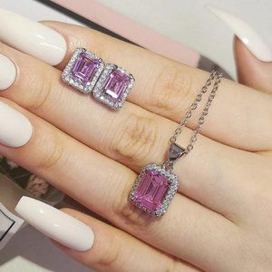 Sterling Silver (S925) Rectangle Necklace & Matching Earrings Set